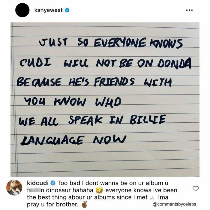 Handwritten note by Kanye West with a Kid Cudi comment showcasing unexpected gems in celeb comments.