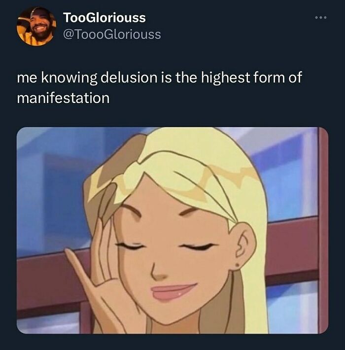 Social media post featuring a relatable meme about navigating the world as just a girl with a confident animated character.