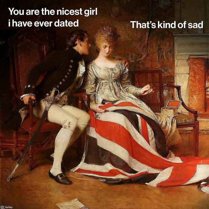 Classical art meme showing a man praising a woman in period dress, blending contemporary life with classical art humor.