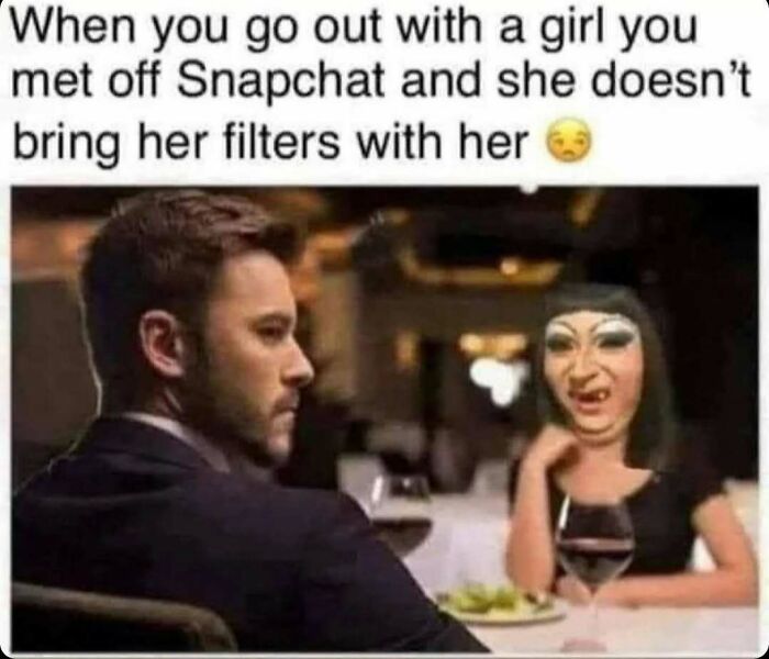 Man looking disappointed on a date after meeting a girl from Snapchat without her filters in dating memes context.