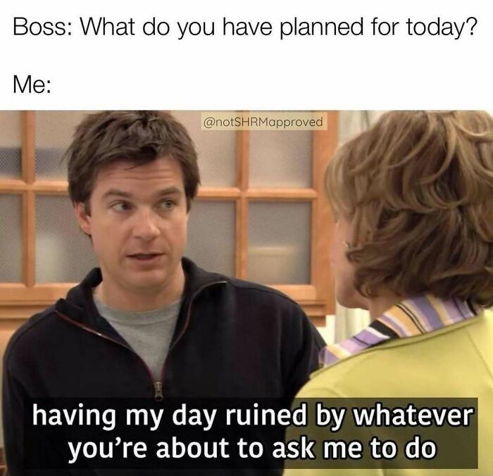 Man responding to boss with meme text about millennial struggles at work ruining his day before tasks start.