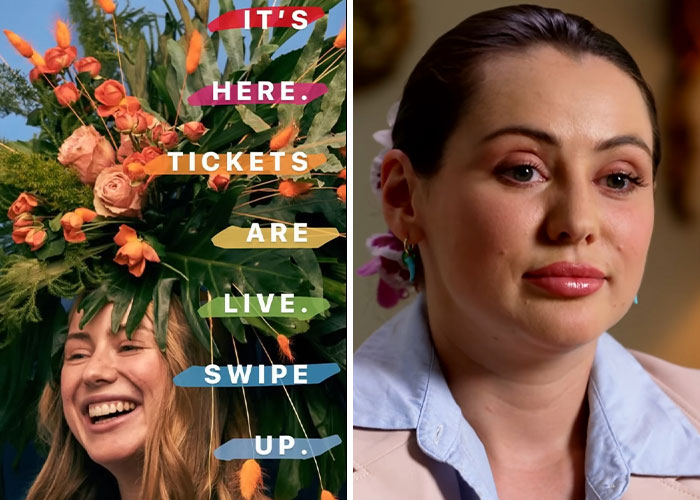 Split image of two women, one smiling with a large floral headpiece, the other looking serious in a close-up portrait, related to influencers.