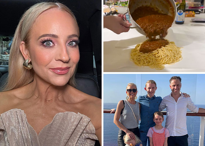 Collage showing a woman smiling, a family posing outdoors, and spaghetti being served with sauce, highlighting awful parenting moments.