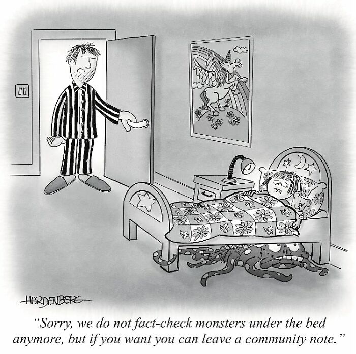 Black and white one-panel comic by Hard Toons showing a child in bed with monsters underneath, depicting life's absurdities.