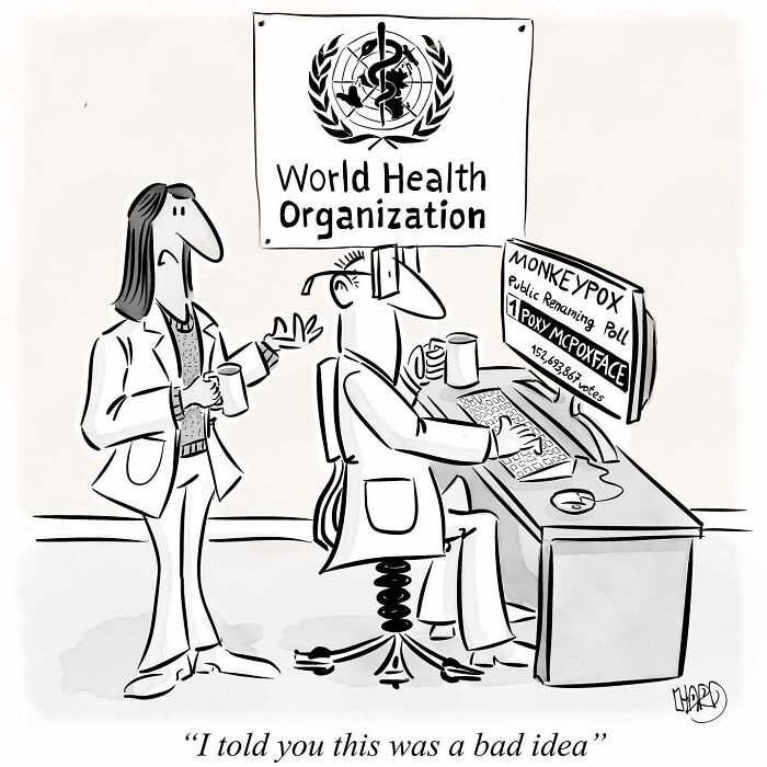 Doctors at the World Health Organization discussing a funny monkeypox renaming poll in a one-panel comic.