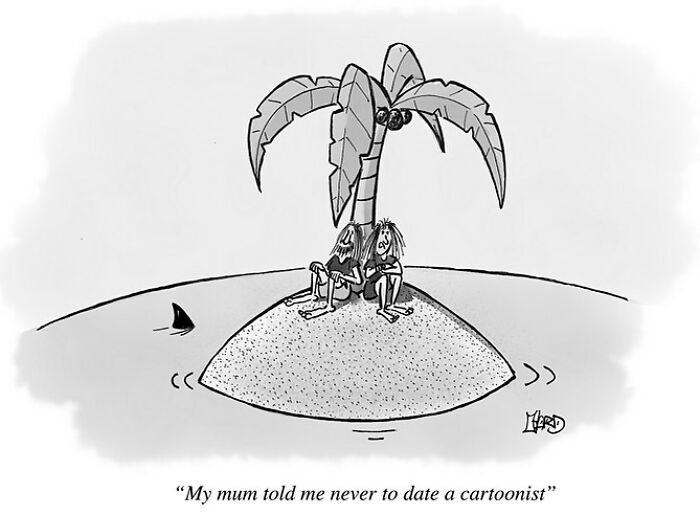 Two castaways sit under a palm tree on a tiny island in a funny one-panel comic about life’s absurdities.