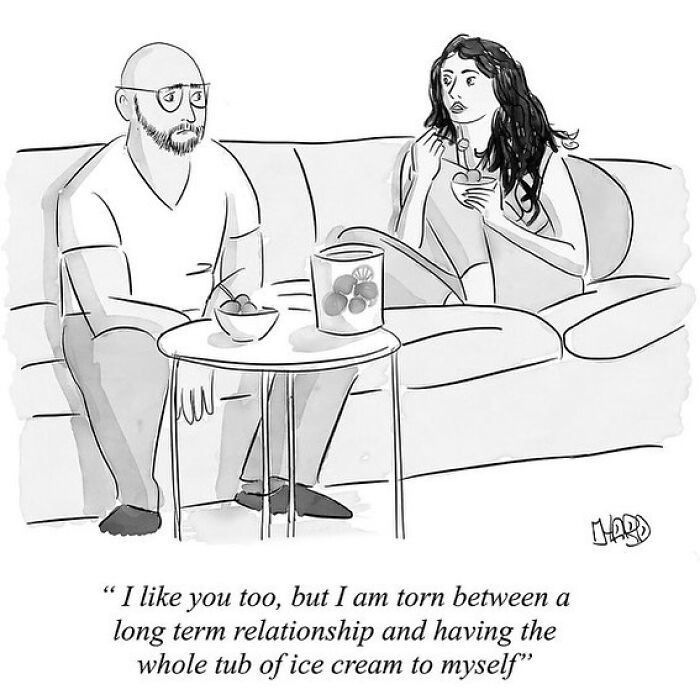 One-panel comic by Hard Toons showing a couple debating between love and enjoying a tub of ice cream alone.