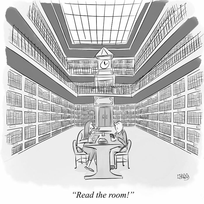 Black and white comic of two people in a library with the caption Read the room, showcasing funny one-panel comics humor.