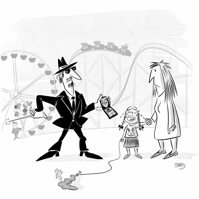 One-panel comic by Hard Toons showing a man with a badge confronting a crying girl and her mother at an amusement park.