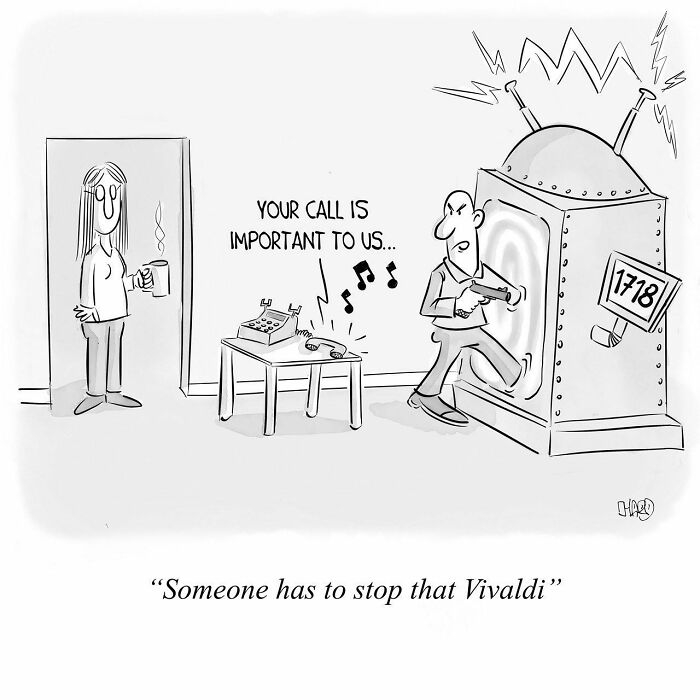Man with gun aiming at giant phone music box playing Vivaldi, woman watching, funny one-panel comics about life’s absurdities.
