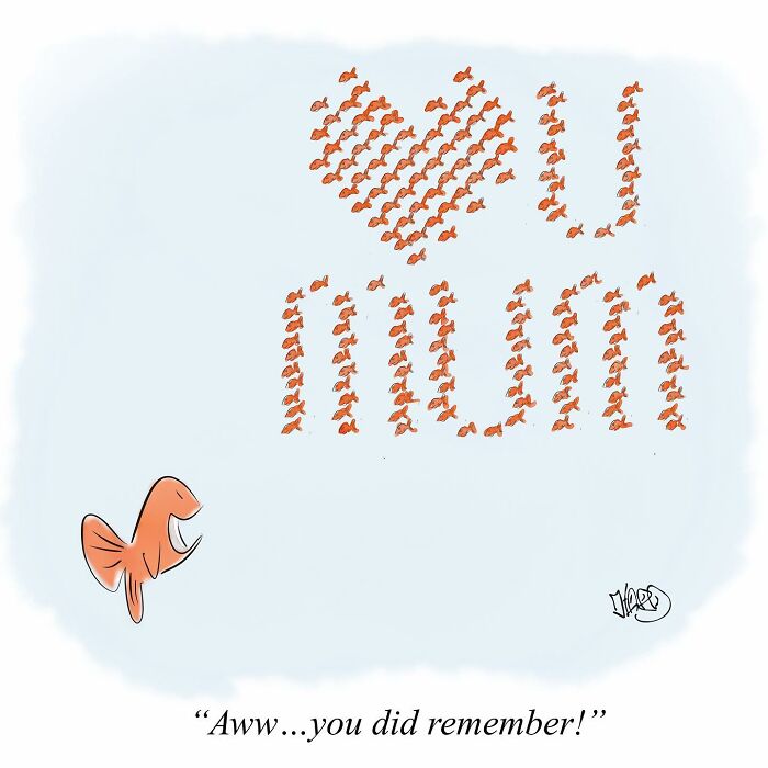 A funny one-panel comic showing small fish forming the words I love you, while a larger fish reacts, illustrating life’s absurdities.
