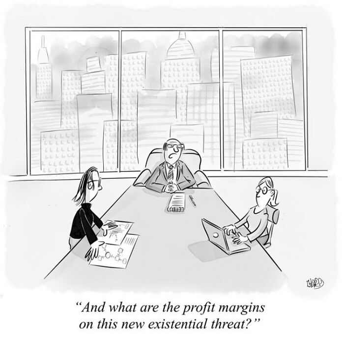 Office meeting cartoon from funny one-panel comics by Hard Toons about life’s absurdities and existential threats.