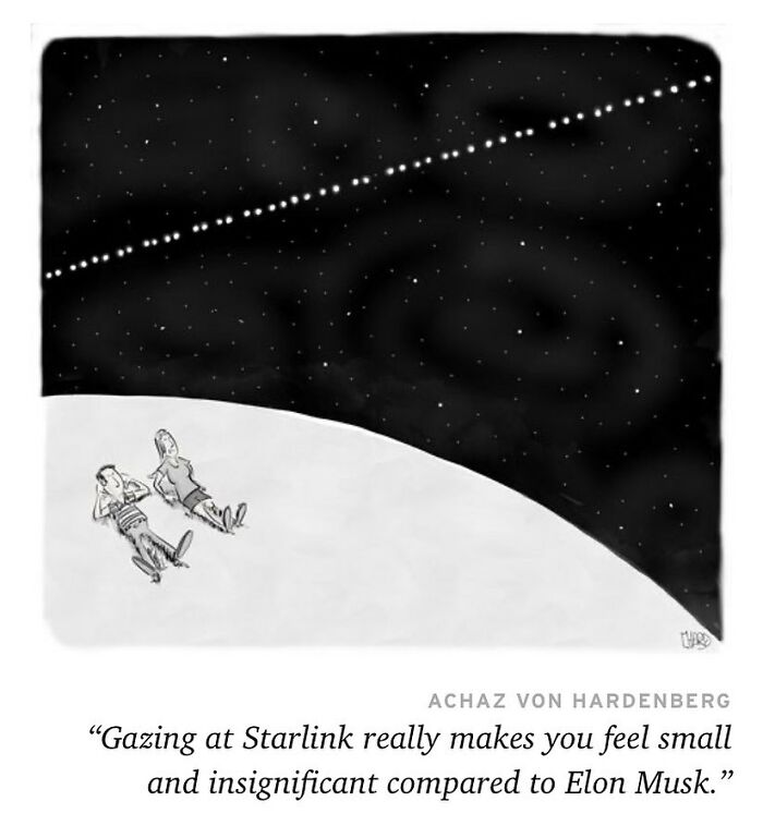 Two people lying on a hill looking at a Starlink satellite constellation in a funny one-panel comic about life’s absurdities.