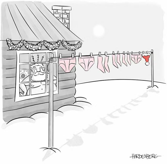 Santa Claus drying pink underwear and a Santa hat outside a snow-covered cabin in a funny one-panel comic by Hard Toons.