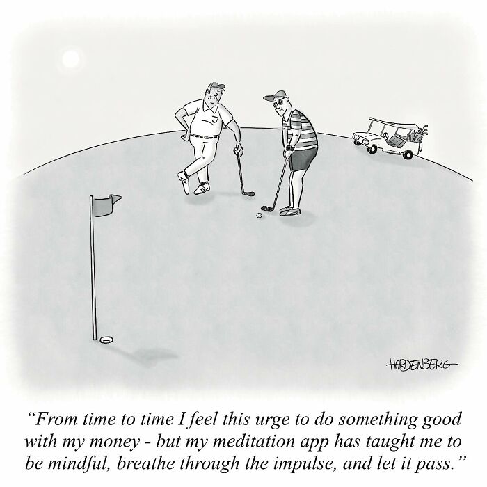 Two men playing golf in a funny one-panel comic illustrating life’s absurdities by Hard Toons.