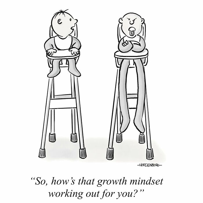 Funny one-panel comic by Hard Toons showing two babies in high chairs, one with exaggeratedly long legs, highlighting life’s absurdities.
