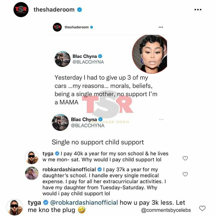 Screenshot of celebrity comments including Blac Chyna and Tyga discussing unexpected child support insights in online social media posts.