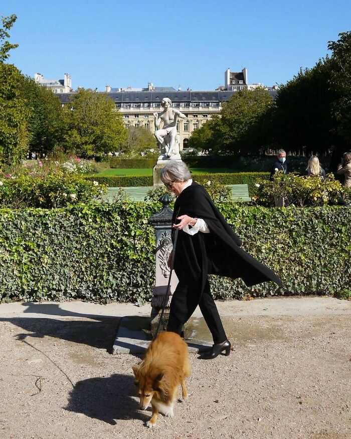 Stylish grandparent in a black cape walking a dog in a sunny park with classic European architecture in the background.