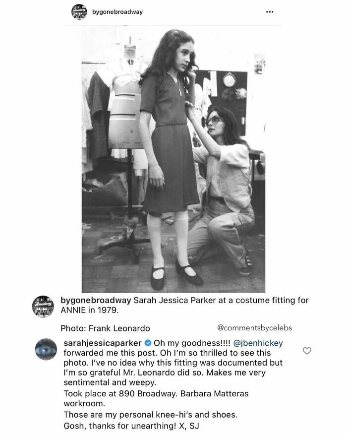Sarah Jessica Parker at a costume fitting in 1979, a rare celebrity moment shared in unexpected gems from celeb comments.