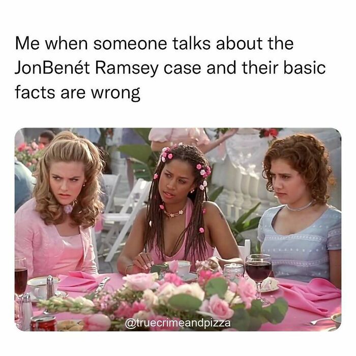 Three women at a garden party looking skeptical, representing reactions to true crime facts being wrong in memes.