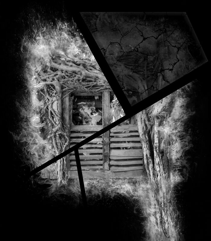 Black-and-white award-winning photo showing an abstract burning wooden structure with strong contrast and dynamic flames.