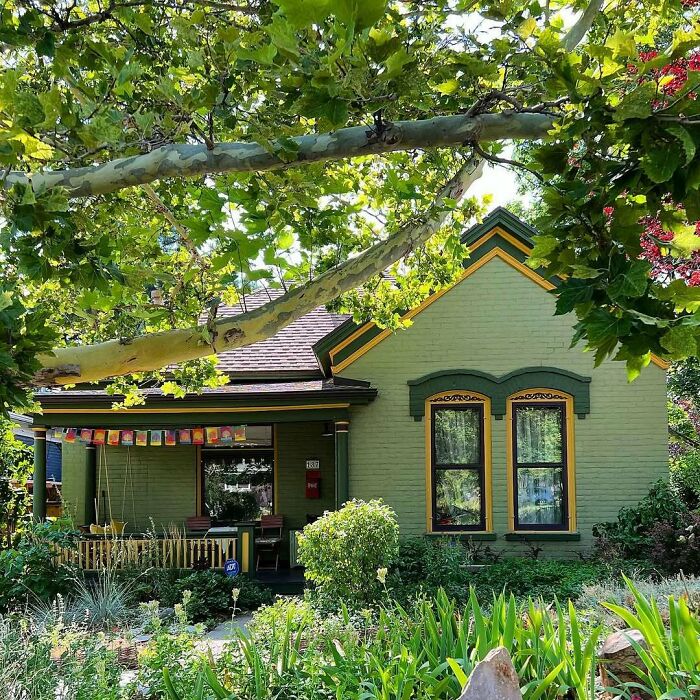 Charming old home with green and yellow trim, surrounded by lush greenery and trees, perfect for lovers of old homes.