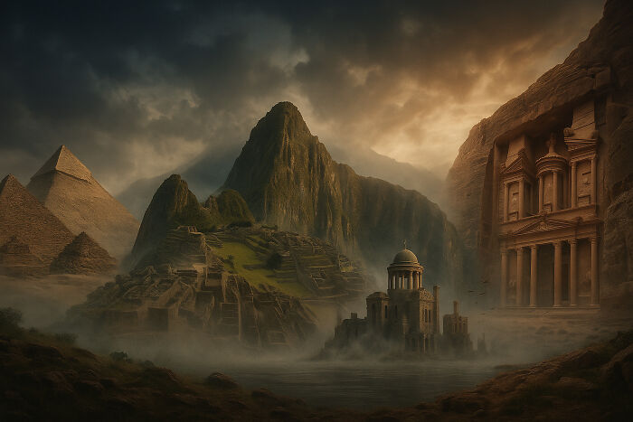 Ancient lost cities including pyramids, Machu Picchu, and carved rock temples under a cloudy sky at dusk.