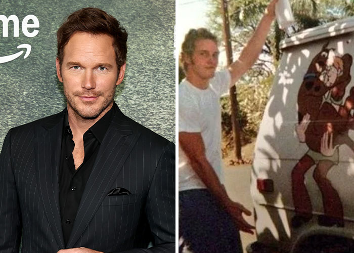 Actor Chris Pratt posing at an event alongside an old photo from his homelessness days near a cartoon-decorated van.