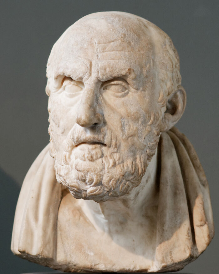 Marble bust of an ancient bearded man showing detailed facial features, representing bizarre real life history moments.