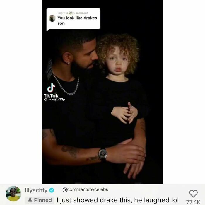 Man holding a curly-haired child with a TikTok comment about celebs dropping unexpected gems in the comments.