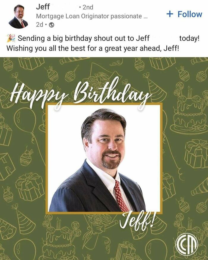 LinkedIn birthday post for Jeff, a professional balancing hustle culture with real life celebrations.