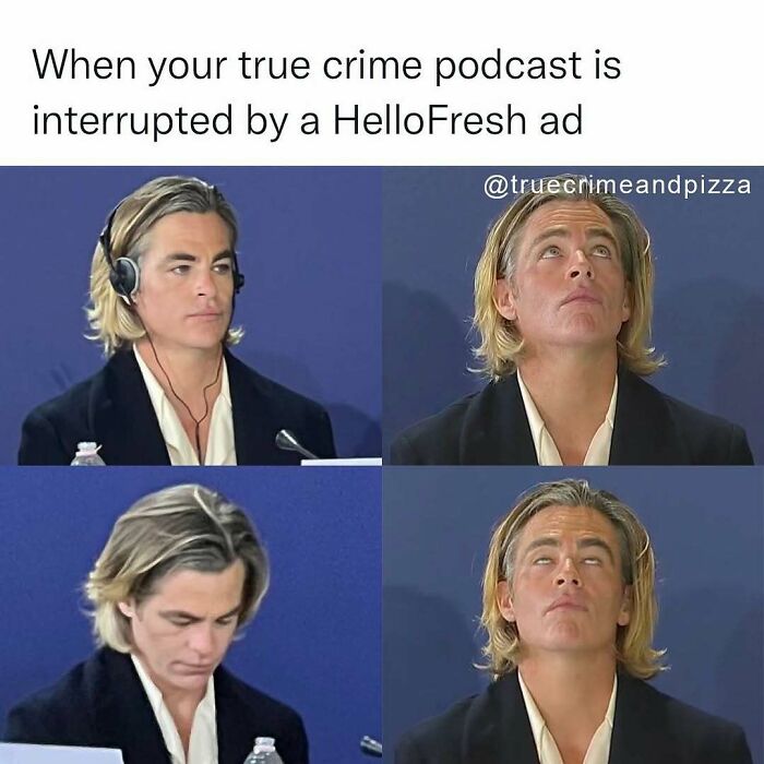 Man with blond hair in four expressions showing frustration when a true crime podcast is interrupted by an ad, representing true crime memes.