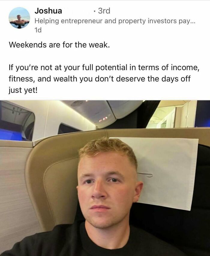 Man sitting in a plane seat with a serious expression, illustrating hustle culture mindset about work and productivity.