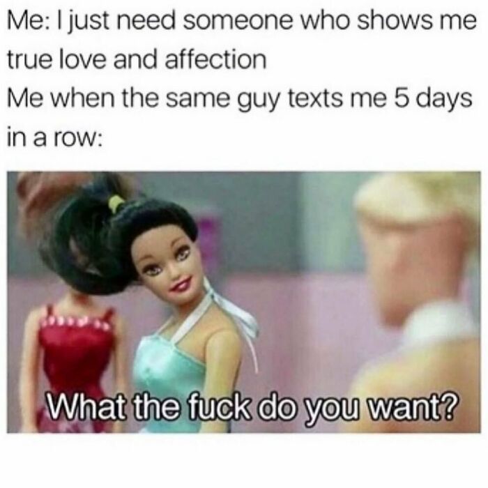 Funny dating meme showing Barbie dolls with text about wanting love but reacting annoyed to frequent texts.