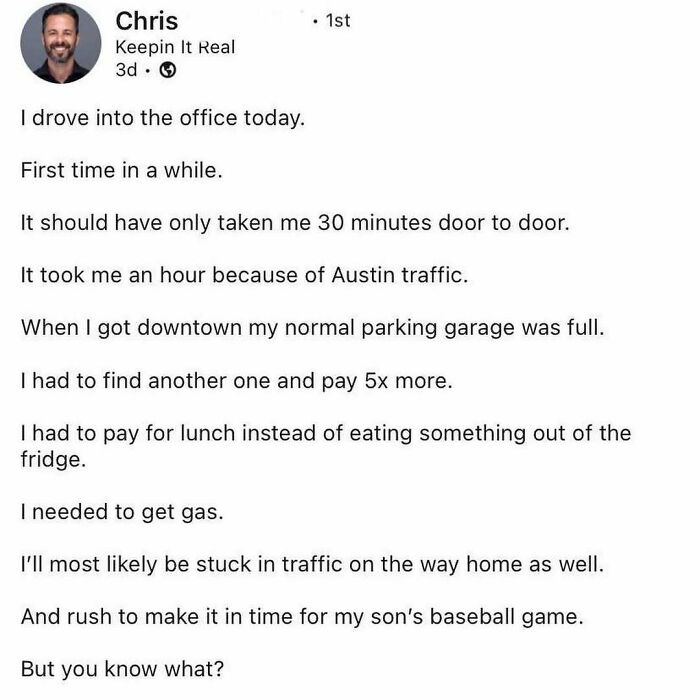 Screenshot of a social media post by Chris describing challenges caused by hustle culture affecting daily life and routines.