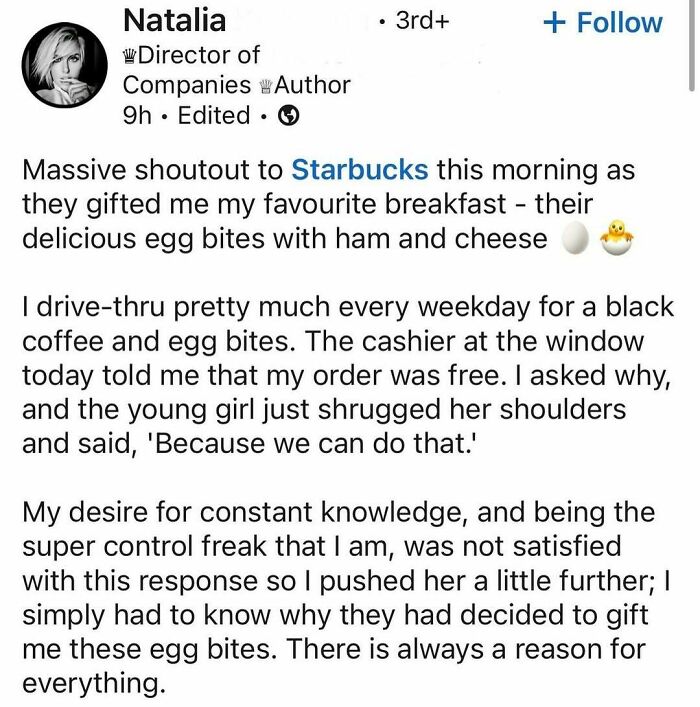 Social media post showing someone’s experience at Starbucks, reflecting hustle culture and daily coffee drive-thru routine.