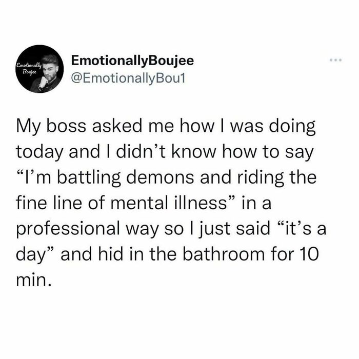 Social media meme about millennial struggles at work, humorously describing mental health and office coping.