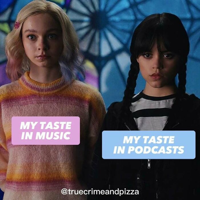 Two young women with contrasting styles illustrating funny true crime memes about music and podcast tastes for binge watchers.