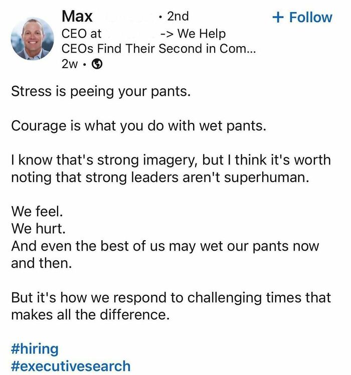 LinkedIn post by a CEO discussing stress, courage, and leadership challenges related to hustle culture and real-life balance.