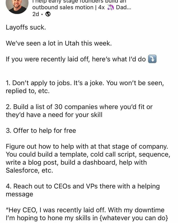 Man sharing advice on layoffs, illustrating hustle culture examples of people losing touch with real life through work stress.