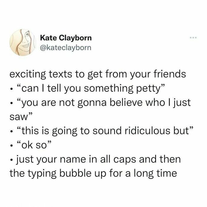 Text post showing funny and relatable examples of exciting texts from friends, highlighting fatigue relief through humor.