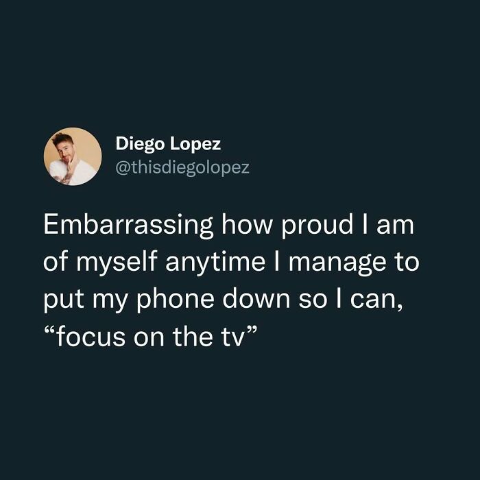 Tweet about the relatable struggle to focus on TV, highlighting humor in human fatigue and everyday distractions.