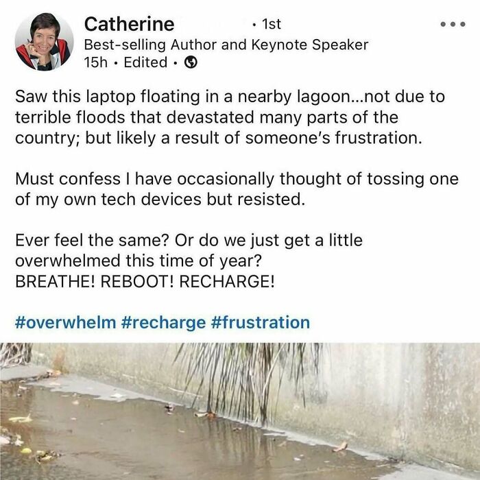 Social media post showing a laptop floating in a lagoon symbolizing frustration from hustle culture overwhelm.