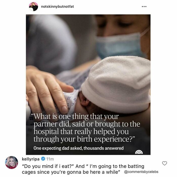 Newborn baby cradled in hospital with parent wearing mask, highlighting unexpected gems from celeb comments on birth experiences.