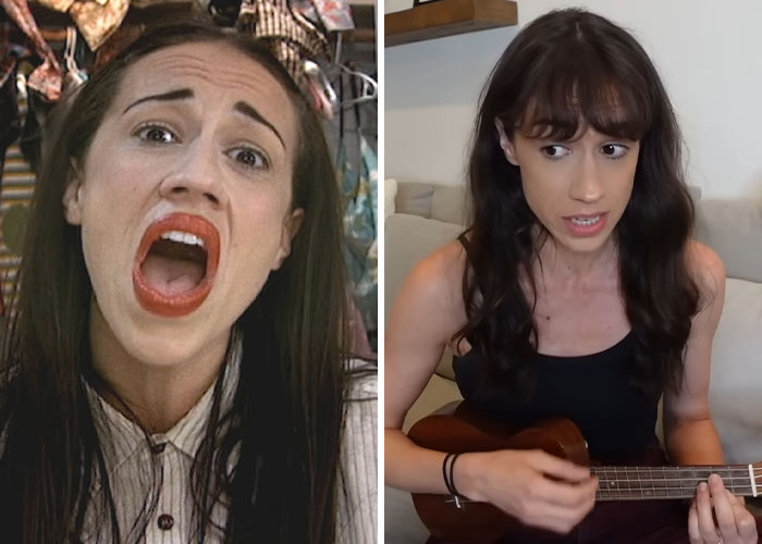 Split image showing two influencers; one with an expressive open mouth, the other playing a ukulele in a casual indoor setting.