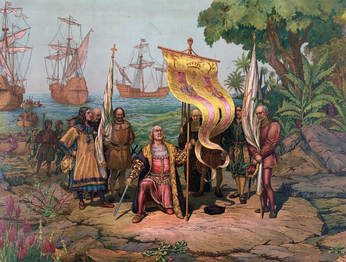 Historical painting depicting explorers planting a flag on land, highlighting common false history facts and myths.