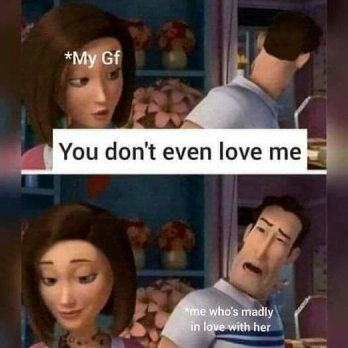Animated dating meme showing a girlfriend saying you don’t love her and boyfriend feeling madly in love, funny dating meme concept.