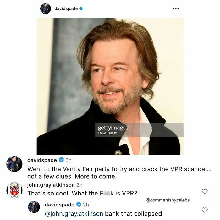 David Spade smiling in a black coat in a close-up photo with celebrity comments about unexpected gems in the comments.
