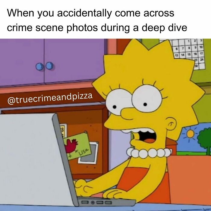 Lisa Simpson looking shocked at laptop screen, a funny true crime meme about accidental crime scene photos.