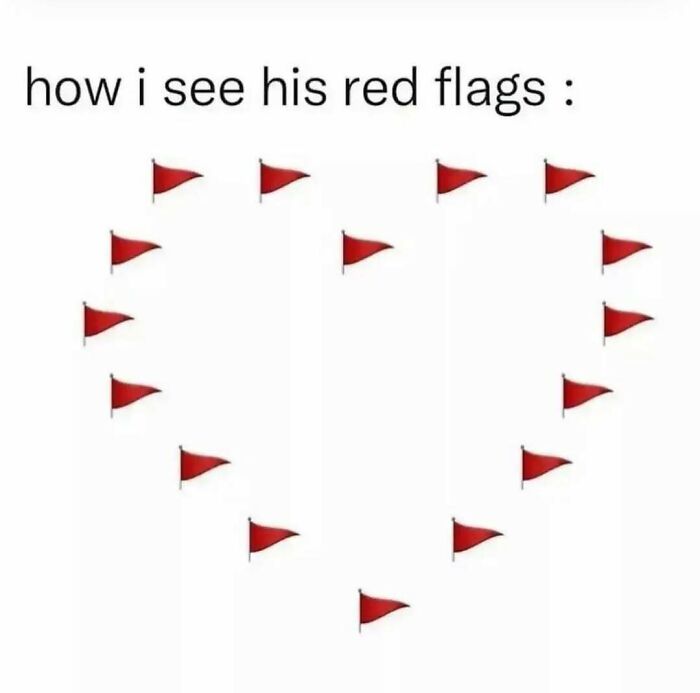 Funny dating meme showing red flags arranged in a heart shape illustrating love life challenges and humor in relationships.